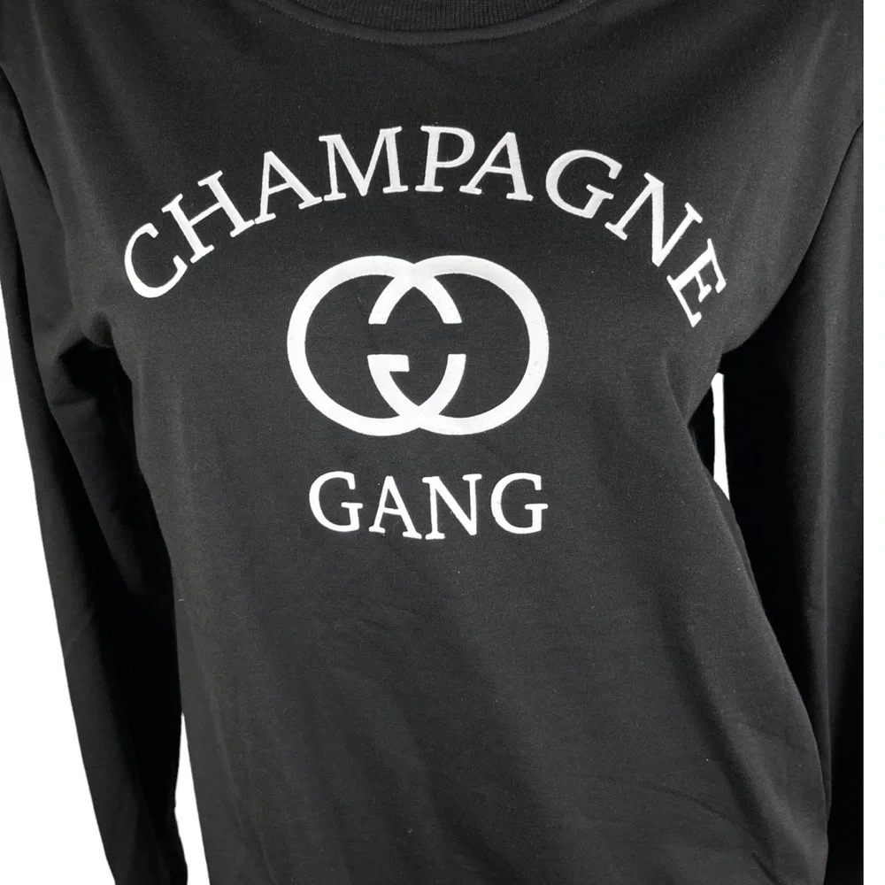"Champagne Gang" Lightweight Black and White Long Sleeve Sweatshirt Size Large - Picture 4 of 6